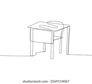 School desk and chair, study, junior school one line art. Continuous line drawing of online learning, education, knowledge, school furniture