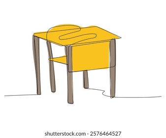 School desk and chair, study, junior school one line color art. Continuous line drawing of online learning, education, knowledge, school furniture