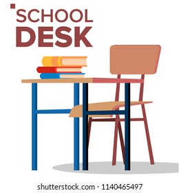 School Desk, Chair Vector. Classic Empty Wooden School Furniture. Isolated Flat Cartoon Illustration
