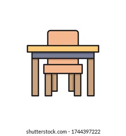 El escritorio de la escuela y un símbolo de icono del vector de la silla aislado en fondo blanco