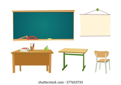 School Desk, Chipboard And A Chair. Vector Flat Color Illustration. Isolated On White Background.