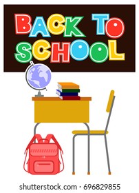 School desk in the classroom and banner with greeting text "Back to school". Vector clip art.
