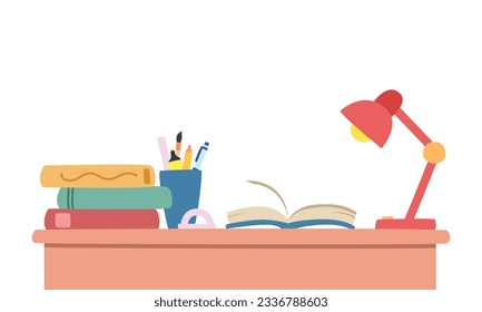 School desk clipart. Study corner student desk with stack of books, pencil pot and lamp flat vector illustration clipart cartoon style hand drawn. Students, classroom, school supplies, back to school