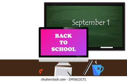 School desk with computer on September 1, vector art illustration.