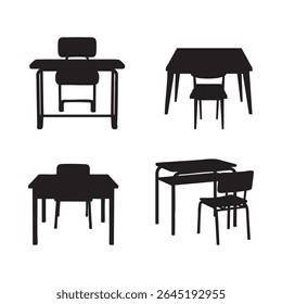 school desk flat silhouette vector set isolated on white background