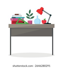 Ícone da mesa da escola com livros, régua, planta, frasco, maçã e lâmpada. Educação, conhecimento.