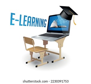 School desk with laptop as elearning concept