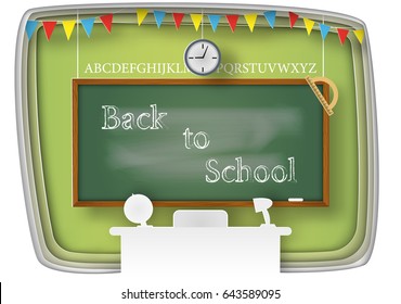 School desk with the message. Back to school. Paper art style.