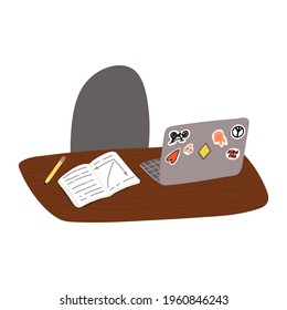 Schreibtisch, Schüler oder Student am Arbeitsplatz. Tisch, Stuhl und Fitnessbuch mit Bleistift, offenem Laptop mit Aufklebern. Online-Lernen, Kurse, Fernstudium Konzept. Vektorgrafik einzeln.