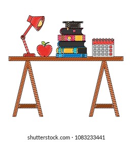school desk stacked books calendar apple and lamp
