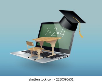 School desk, student cap, blackborad and laptop as elearning concept