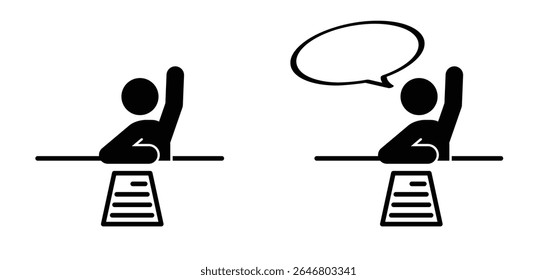 School desk and student. Cartoon asking icon. Education conscept. Classroom for study and learning. Raise your hand to ask or answer something to school teacher. Stick figure man.