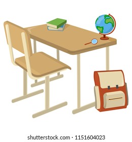 School Desk with School Supplies Icon and Logo. Isolated design element. Vector Cartoon illustration.