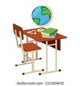 School Desk with School Supplies Icon and Logo. Isolated design element. Vector Cartoon illustration.