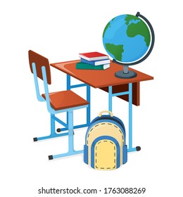 School desk with textbooks, school backpack and globe icon isolated on white, cartoon vector illustration. Welcome back to school. Supplies for study in college and institute.