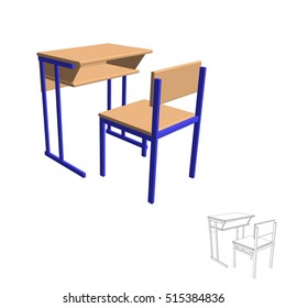 School Desk.Isolated On White Background. 3d Vector Illustration.