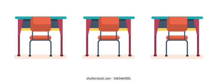School desks and chairs in the classroom. Empty wooden and metal furniture school isolated flat vector illustration