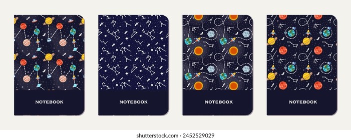 School diary cover design with childish galaxy. Cute design for kids school notebooks and diaries. School diary with hand drawn cosmos scene.