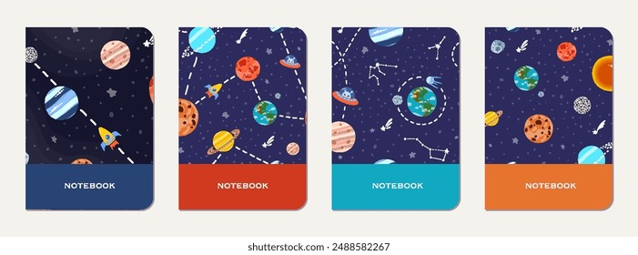 Schultagebuch-Cover-Design mit kindlicher Galaxie. Nettes Design für Kinder Schule Notizbücher und Tagebücher. Schultagebuch mit handgezeichneter Kosmos-Szene.