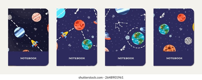 School diary cover design with childish galaxy. Cute design for kids school notebooks and diaries. School diary with hand drawn cosmos scene.