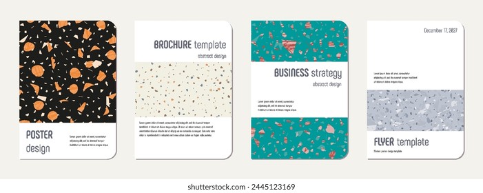 School diary cover design. Terrazzo abstract background made of natural stones, granite, quartz and marble. Venetian terrazzo texture school diary template.