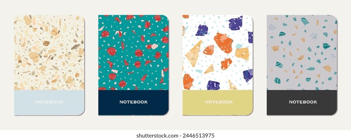Design des Schultagebuchs. Terrazzo abstrakter Hintergrund aus Natursteinen, Granit, Quarz und Marmor. Venezianische Terrazzo Textur Schule Tagebuch Vorlage.