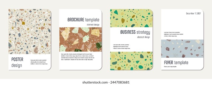 School diary cover design. Terrazzo abstract background made of natural stones, granite, quartz and marble. Venetian terrazzo texture school diary template.