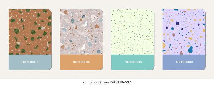 School diary cover design. Terrazzo abstract background made of natural stones, granite, quartz and marble. Venetian terrazzo texture school diary template.