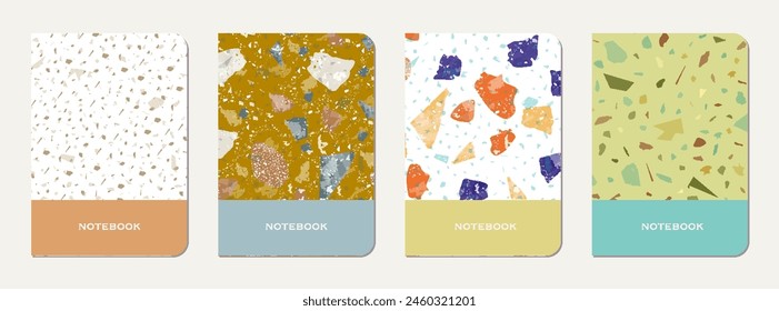 School diary cover design. Terrazzo abstract background made of natural stones, granite, quartz and marble. Venetian terrazzo texture school diary template.