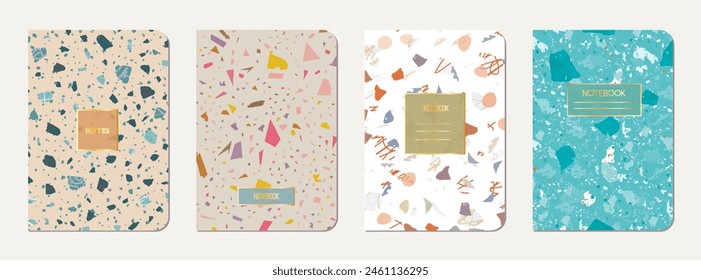 School diary cover design. Terrazzo abstract background made of natural stones, granite, quartz and marble. Venetian terrazzo texture school diary template.