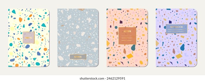 School diary cover design. Terrazzo abstract background made of natural stones, granite, quartz and marble. Venetian terrazzo texture school diary template.