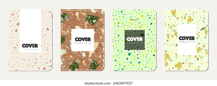 School diary cover design. Terrazzo abstract background made of natural stones, granite, quartz and marble. Venetian terrazzo texture school diary template.