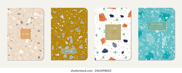 School diary cover design. Terrazzo abstract background made of natural stones, granite, quartz and marble. Venetian terrazzo texture school diary template.