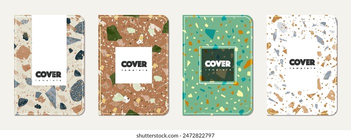 School diary cover design. Terrazzo abstract background made of natural stones, granite, quartz and marble. Venetian terrazzo texture school diary template.