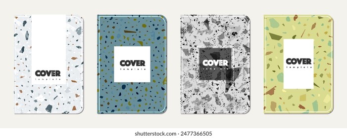 School diary cover design. Terrazzo abstract background made of natural stones, granite, quartz and marble. Venetian terrazzo texture school diary template.