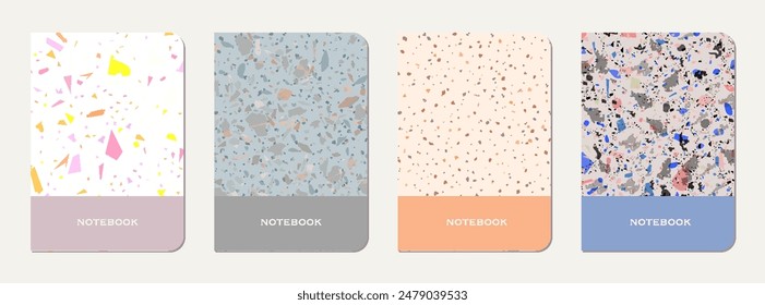 School diary cover design. Terrazzo abstract background made of natural stones, granite, quartz and marble. Venetian terrazzo texture school diary template.
