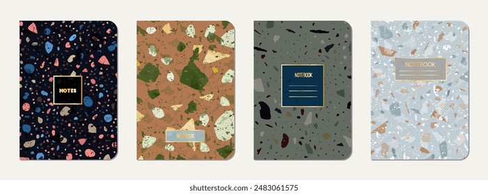 School diary cover design. Terrazzo abstract background made of natural stones, granite, quartz and marble. Venetian terrazzo texture school diary template.