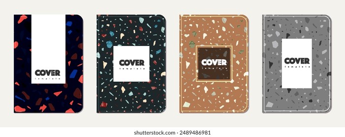 School diary cover design. Terrazzo abstract background made of natural stones, granite, quartz and marble. Venetian terrazzo texture school diary template.