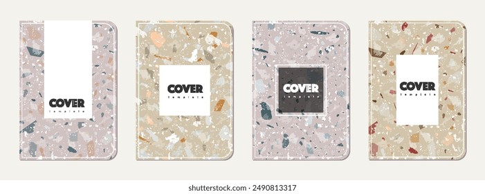 School diary cover design. Terrazzo abstract background made of natural stones, granite, quartz and marble. Venetian terrazzo texture school diary template.