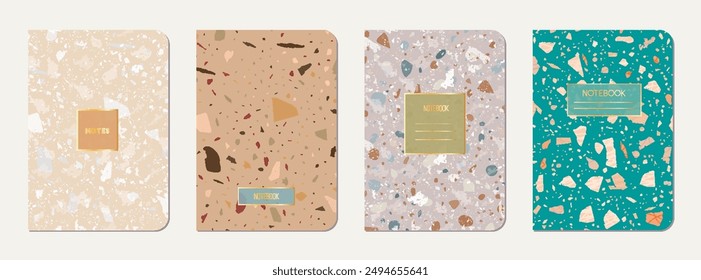 School diary cover design. Terrazzo abstract background made of natural stones, granite, quartz and marble. Venetian terrazzo texture school diary template.