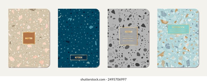 School diary cover design. Terrazzo abstract background made of natural stones, granite, quartz and marble. Venetian terrazzo texture school diary template.