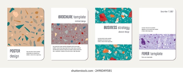 School diary cover design. Terrazzo abstract background made of natural stones, granite, quartz and marble. Venetian terrazzo texture school diary template.