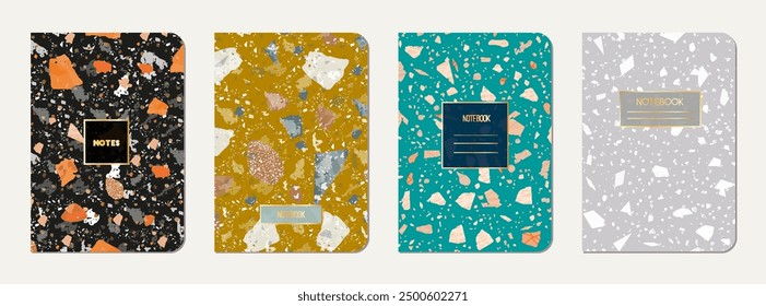 Gestaltung des Schultagebuchs. Abstrakter Terrazzo-Hintergrund aus Natursteinen, Granit, Quarz und Marmor. Venezianische Terrazzo Textur Schule Tagebuch Vorlage.