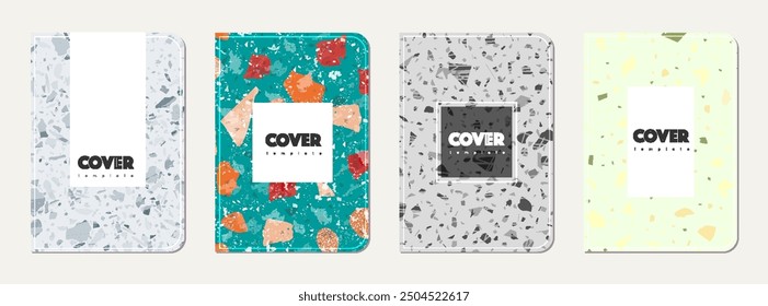 School diary cover design. Terrazzo abstract background made of natural stones, granite, quartz and marble. Venetian terrazzo texture school diary template.