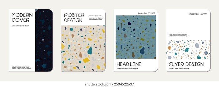 School diary cover design. Terrazzo abstract background made of natural stones, granite, quartz and marble. Venetian terrazzo texture school diary template.