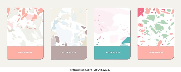 School diary cover design. Terrazzo abstract background made of natural stones, granite, quartz and marble. Venetian terrazzo texture school diary template.