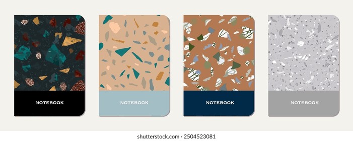 School diary cover design. Terrazzo abstract background made of natural stones, granite, quartz and marble. Venetian terrazzo texture school diary template.