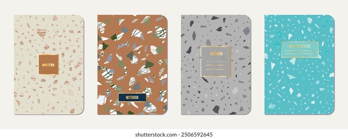 School diary cover design. Terrazzo abstract background made of natural stones, granite, quartz and marble. Venetian terrazzo texture school diary template.