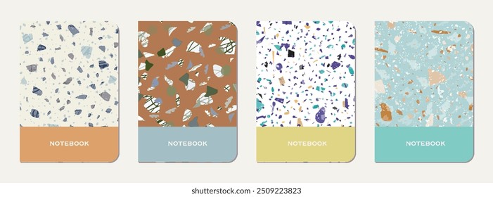 School diary cover design. Terrazzo abstract background made of natural stones, granite, quartz and marble. Venetian terrazzo texture school diary template.