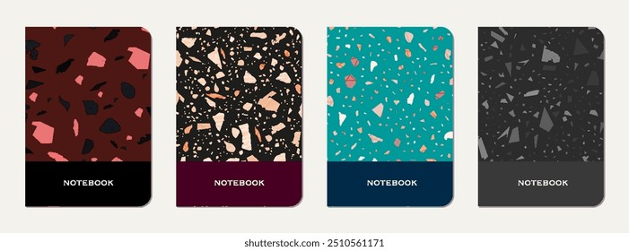 School diary cover design. Terrazzo abstract background made of natural stones, granite, quartz and marble. Venetian terrazzo texture school diary template.